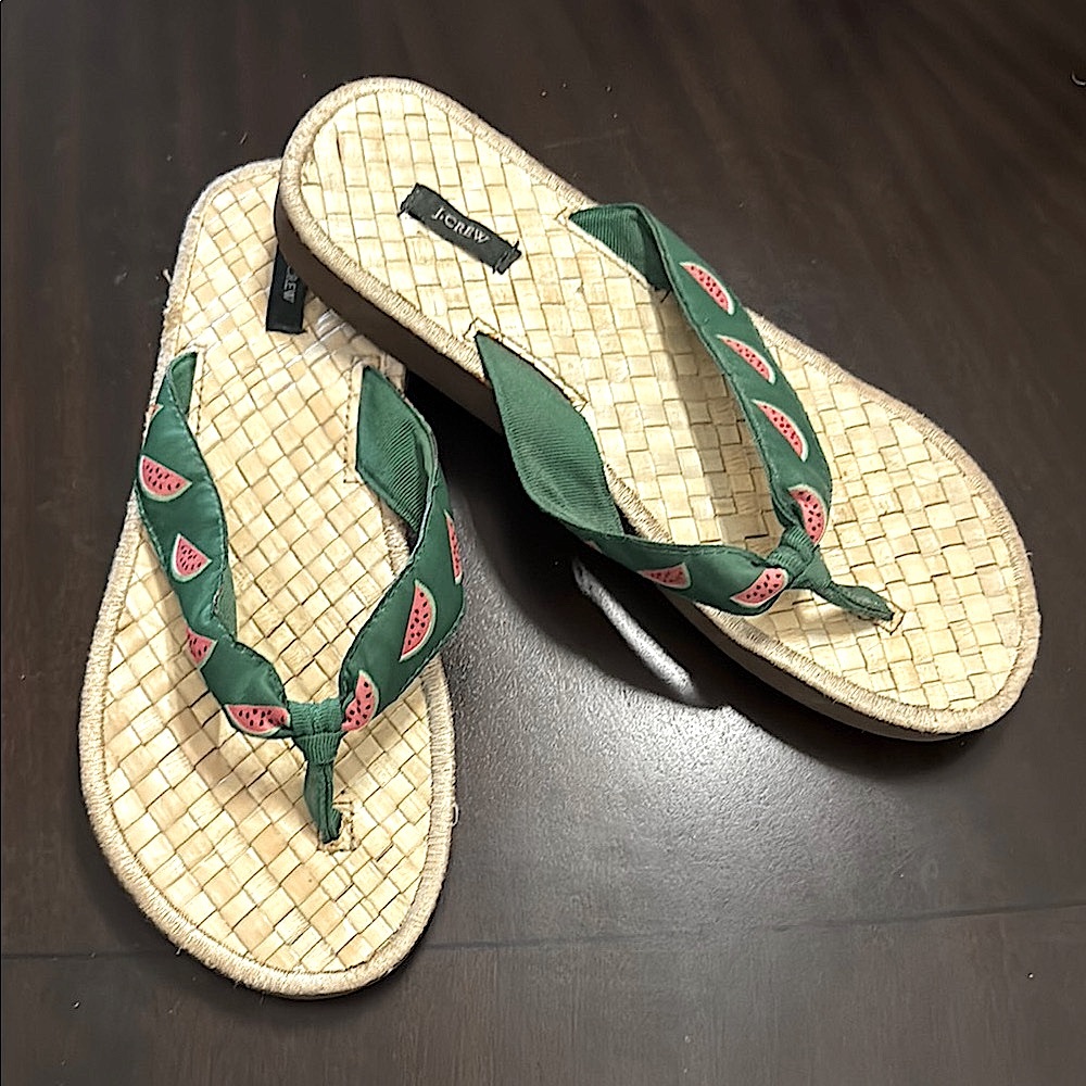 J. Crew Green and Tan Sandals with Woven Footbed